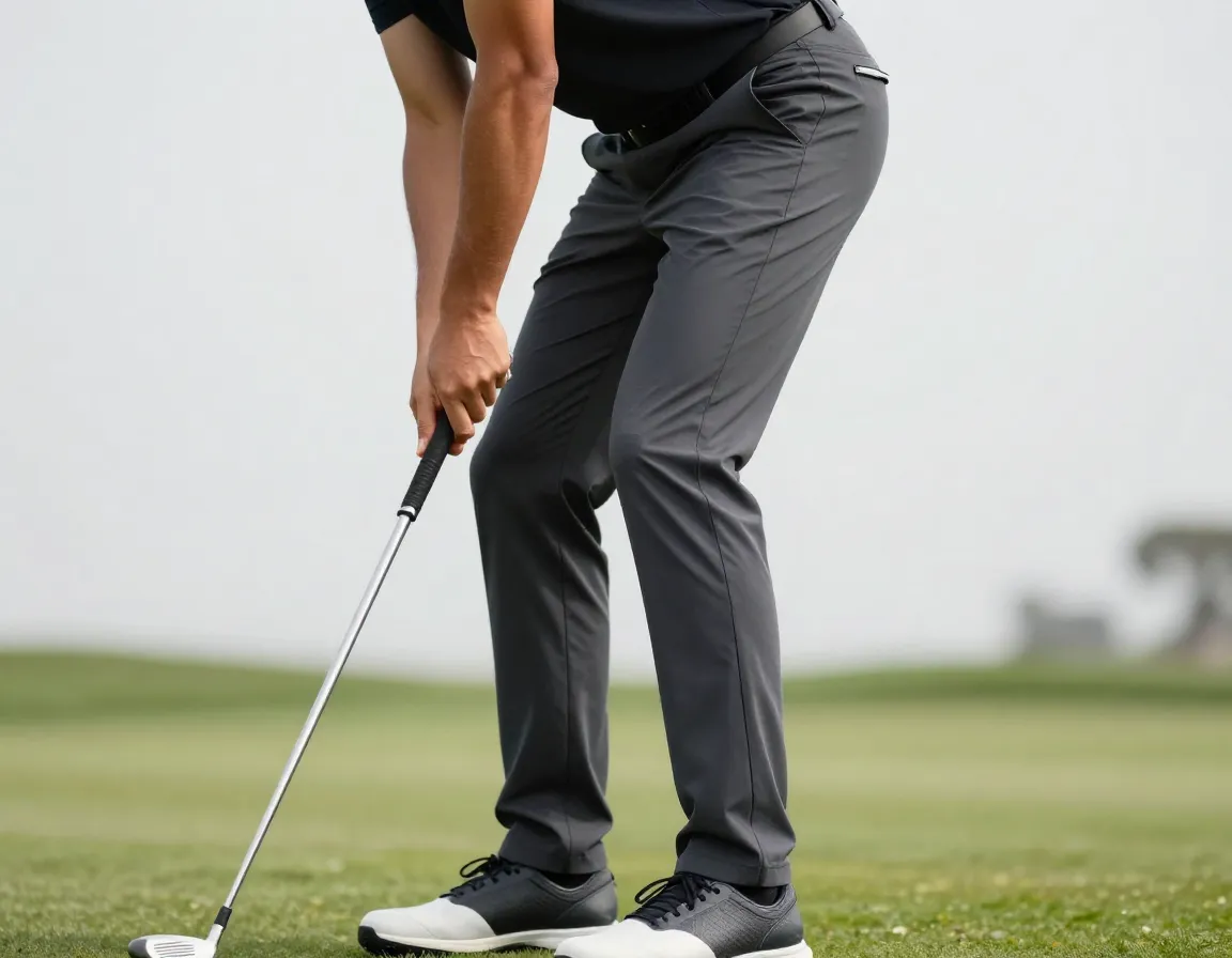 Performance technical trousers on golfer in bent over stance