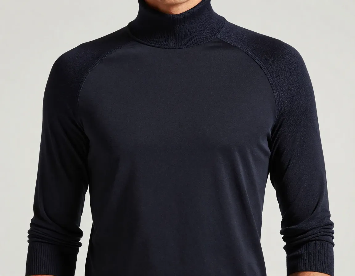 High neck performance top layered under a knit sweater