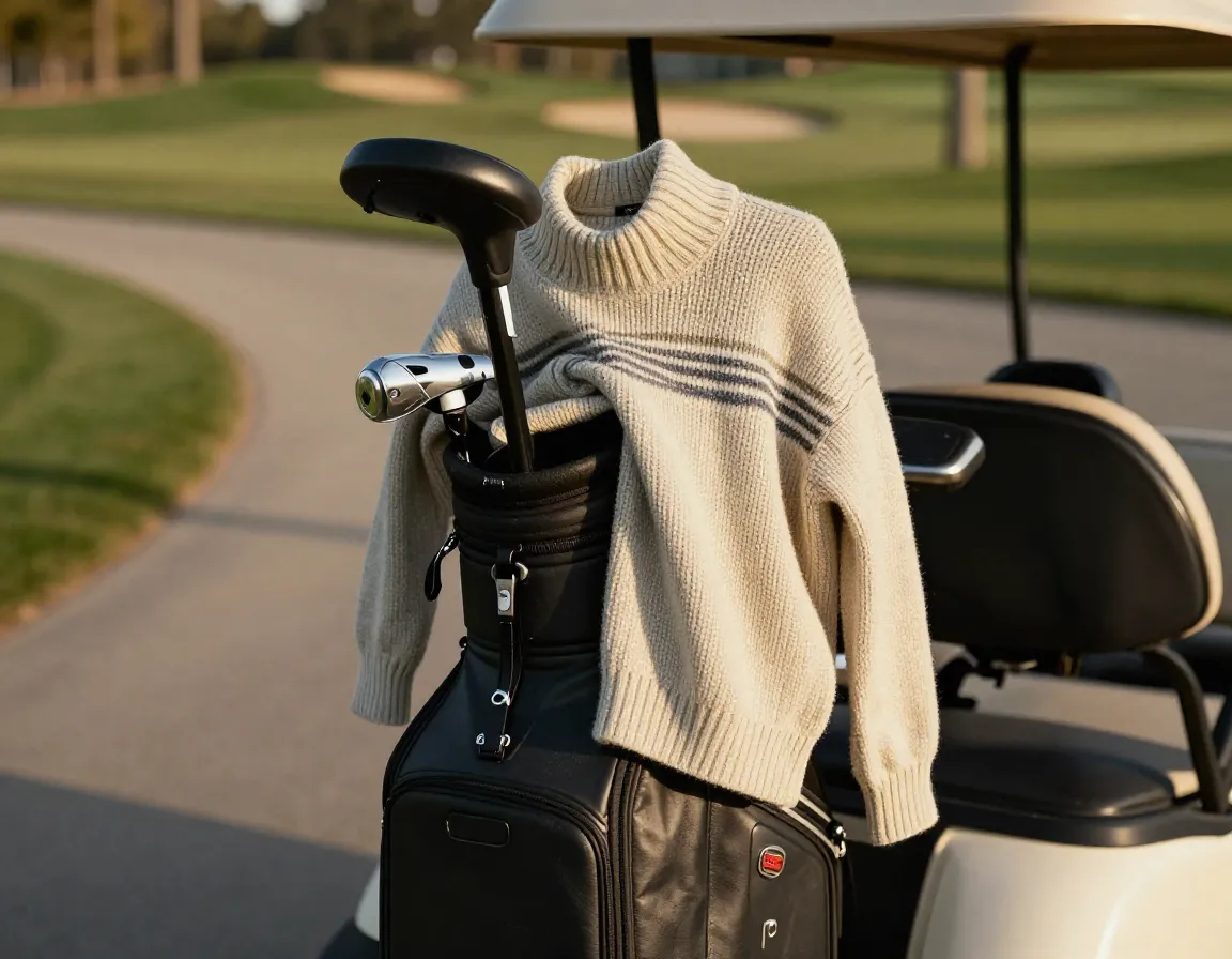 Heritage knit sweater draped over a golf bag on cart