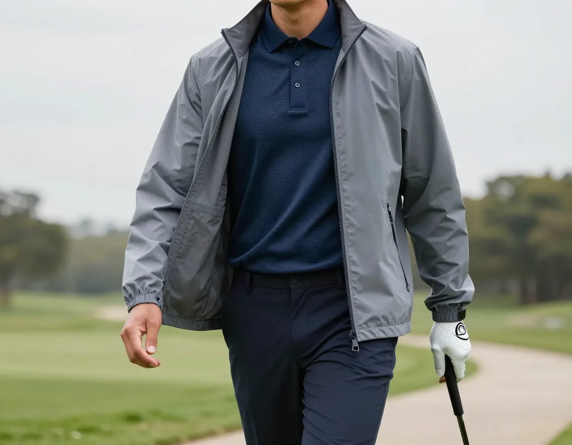 Lightweight performance jacket worn open over a polo