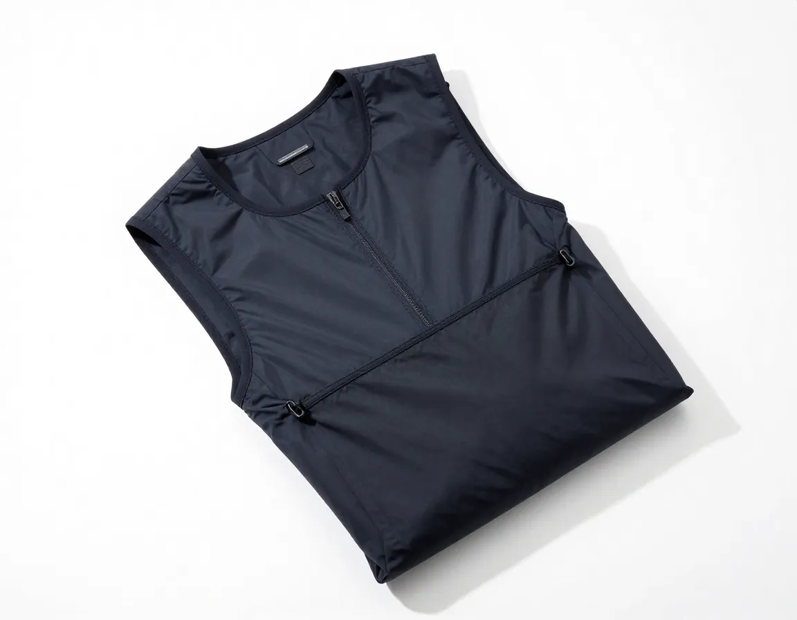 Technical performance vest packed into its own pouch