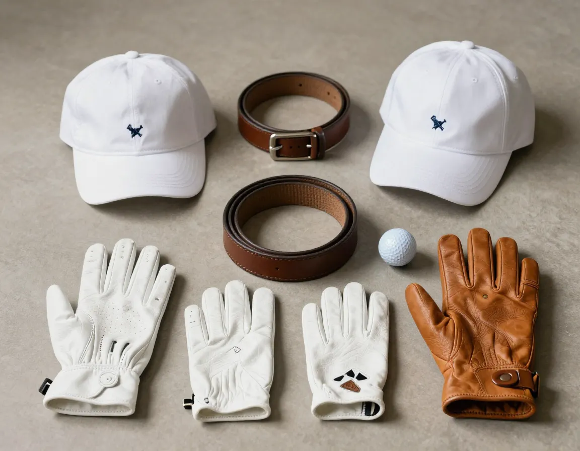 Classic golf accessories leather gloves caps belts minimal branding