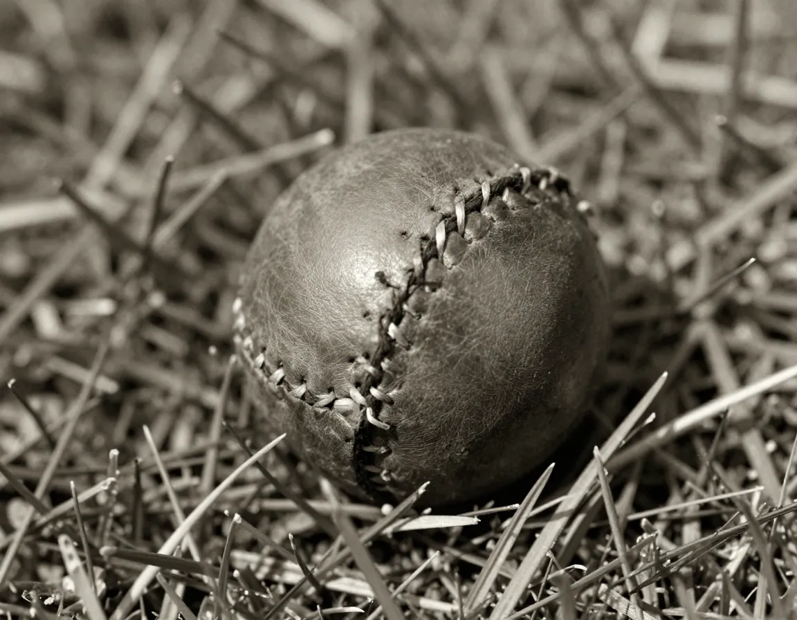 Close up of a handmade leather featherie golf ball on grass