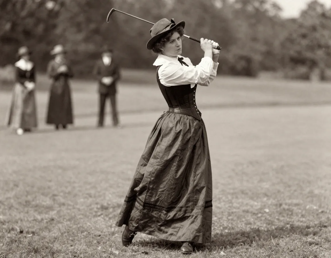 Woman golfer in restrictive victorian long skirt and corset