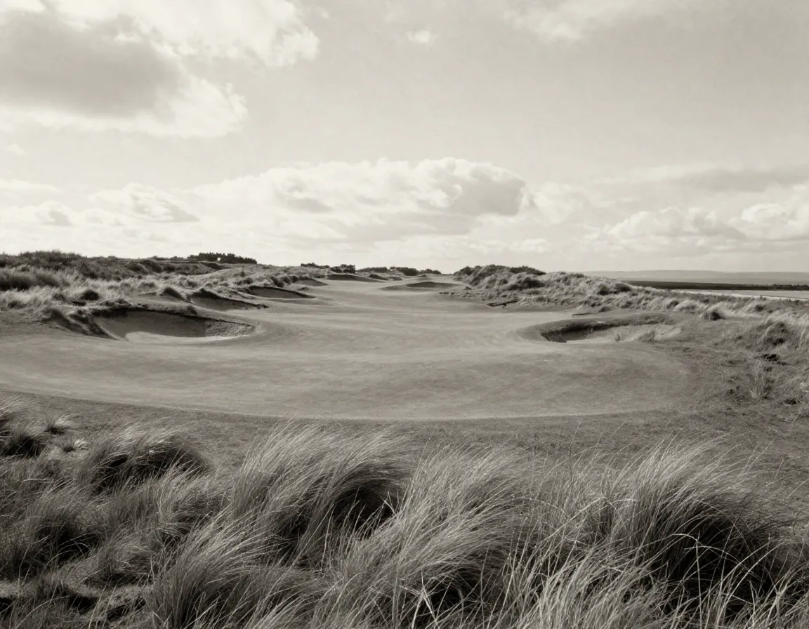Panoramic view of a natural scottish links golf course terrain