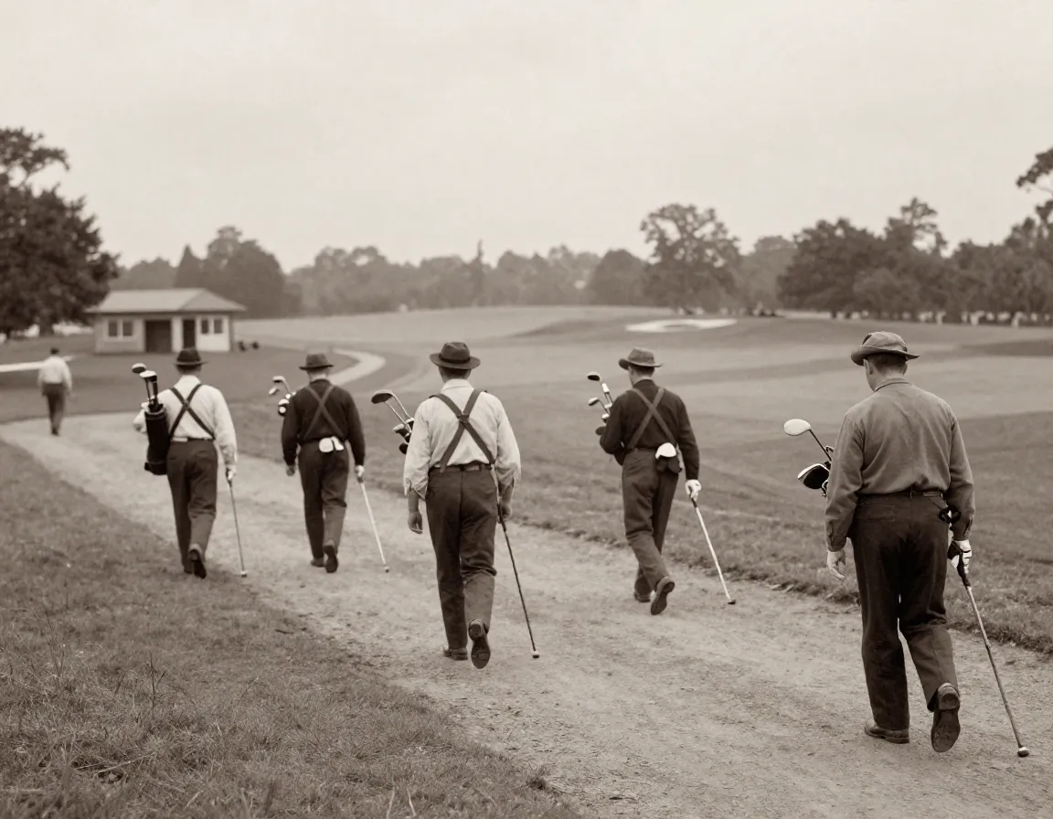 Golfers walking the course carrying their own wooden clubs