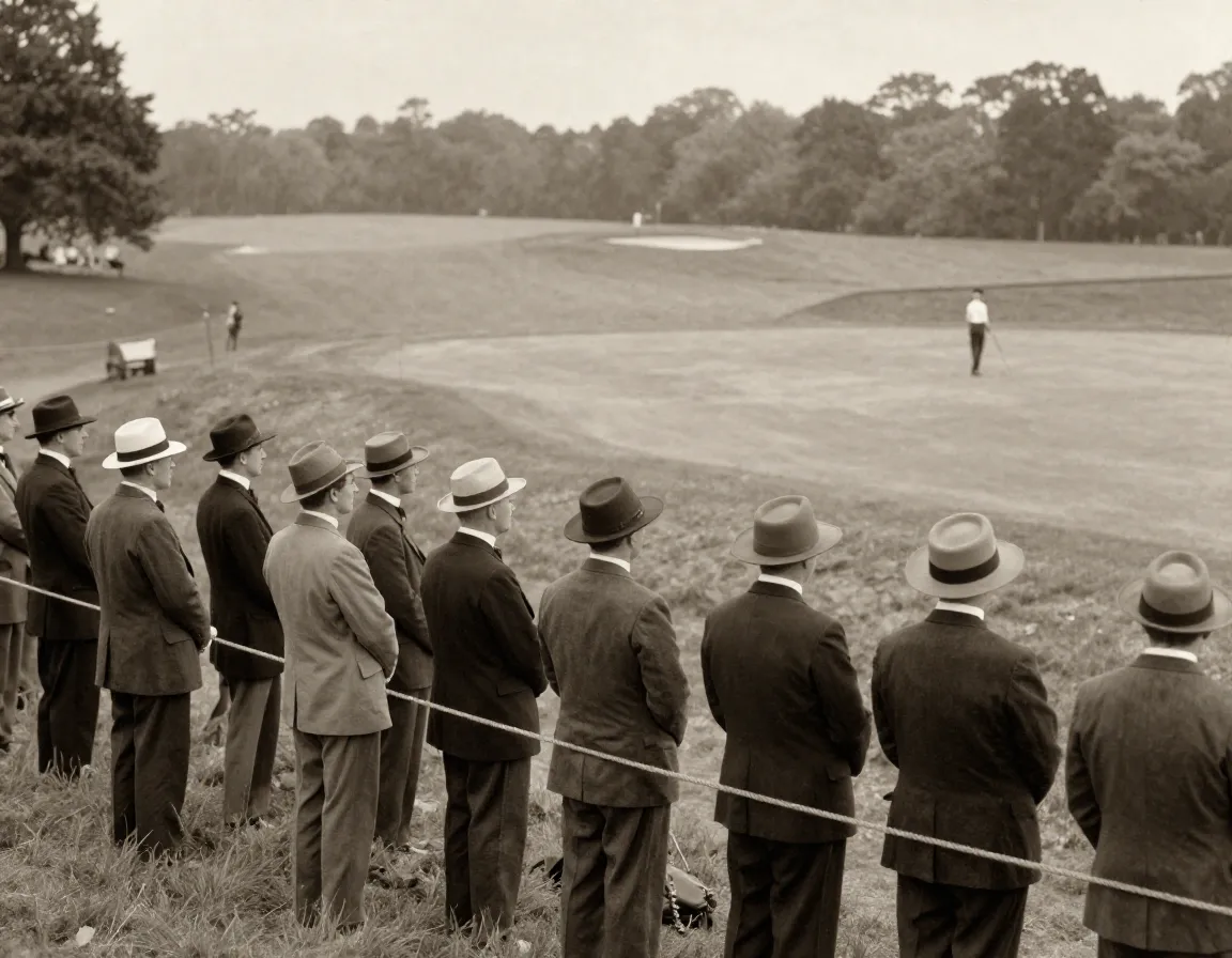 Small formal crowd observing an early 1900s golf tournament