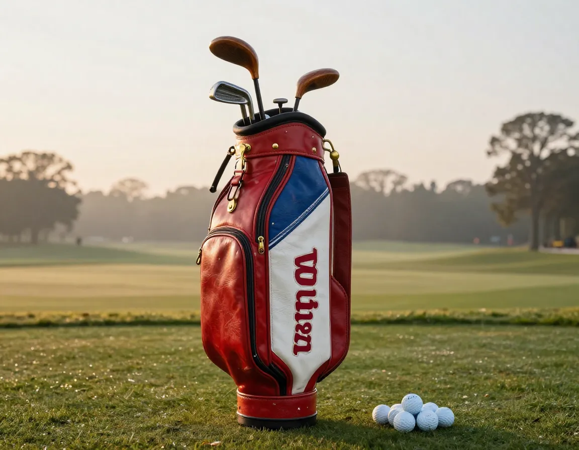 A 1960s wilson staff tour bag on a practice tee at sunrise