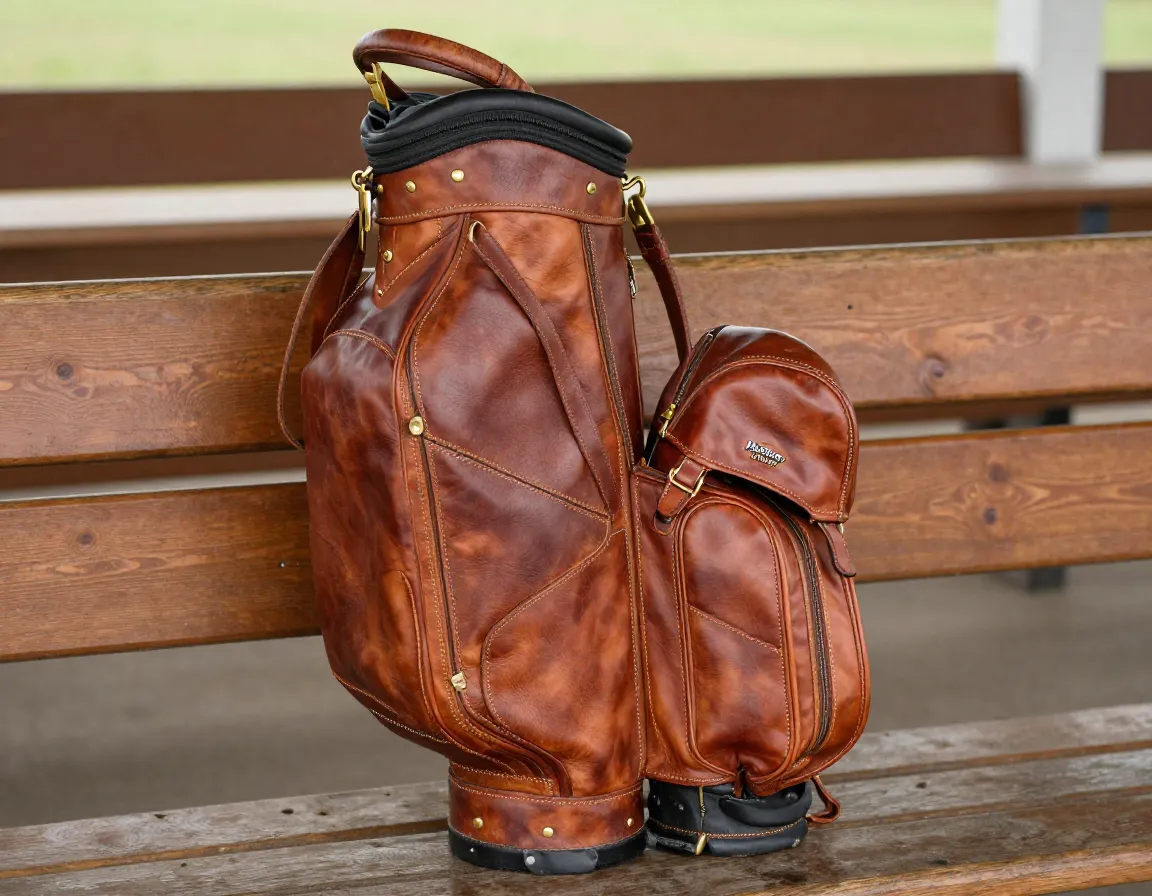 A vintage macgregor tourney bag with a rain hood on a clubhouse bench