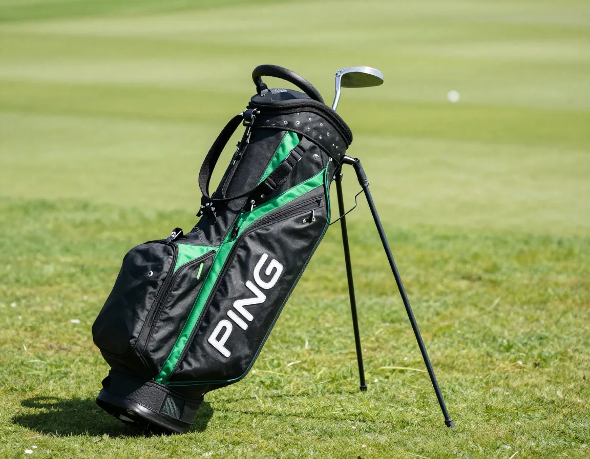 An early ping hoofer bag leaning against a caddie stand