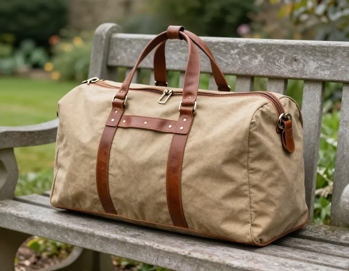 A penfold heritage duffel on a bench in an english garden