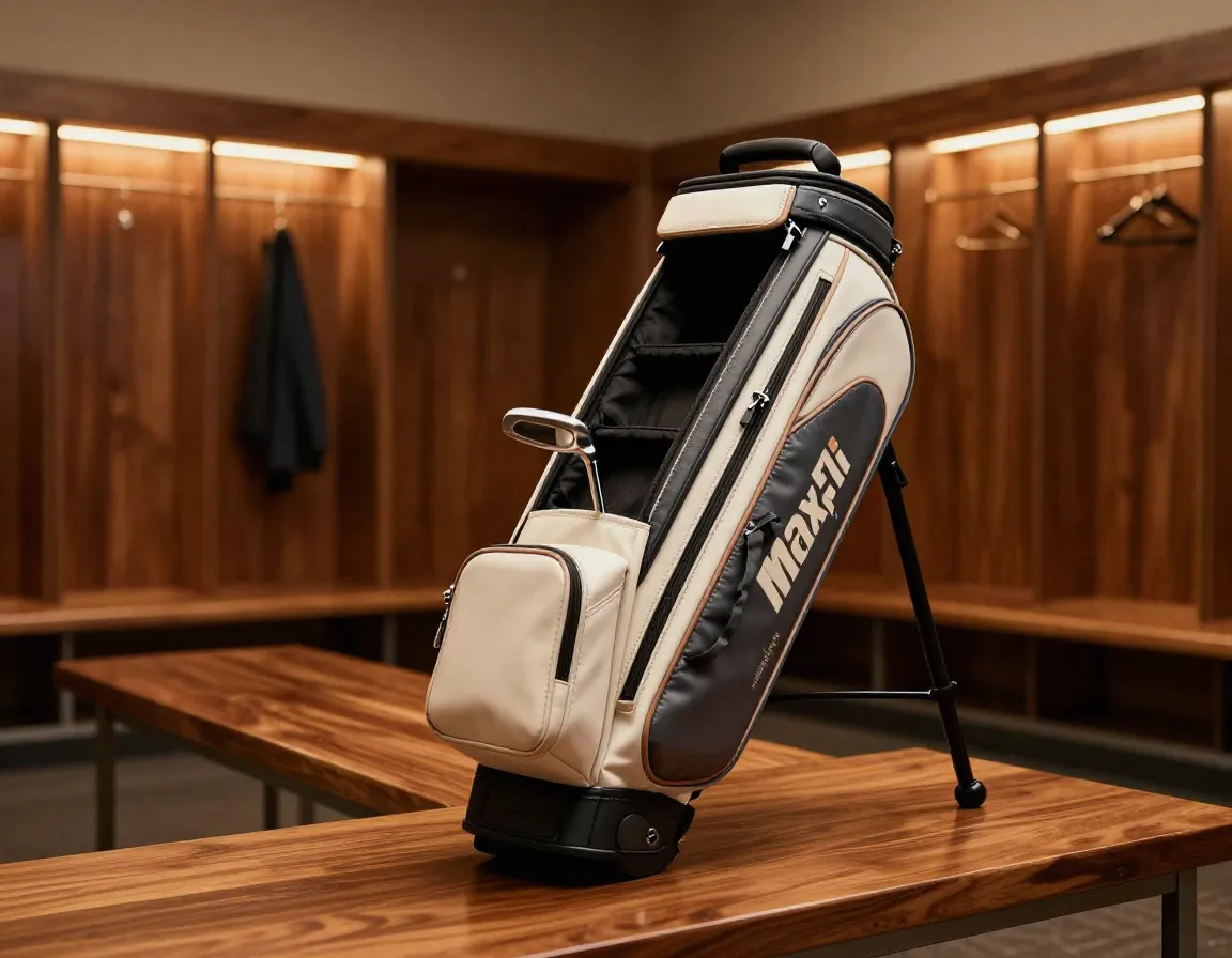 A maxfli modern classic stand bag in a stylish locker room