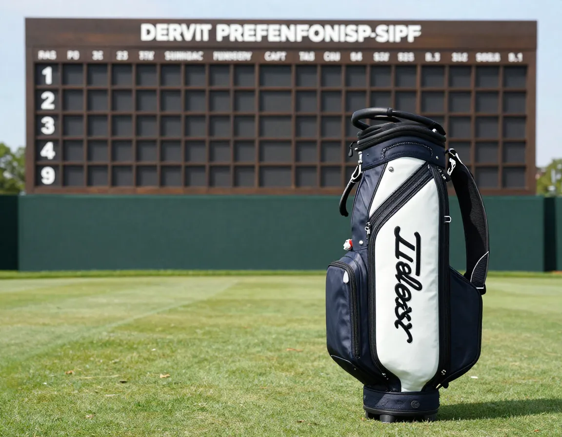 A titleist professional staff bag beside a major championship scoreboard