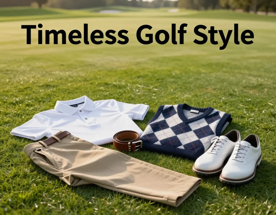 Classic golf attire flat lay fairway polo trousers shoes vest