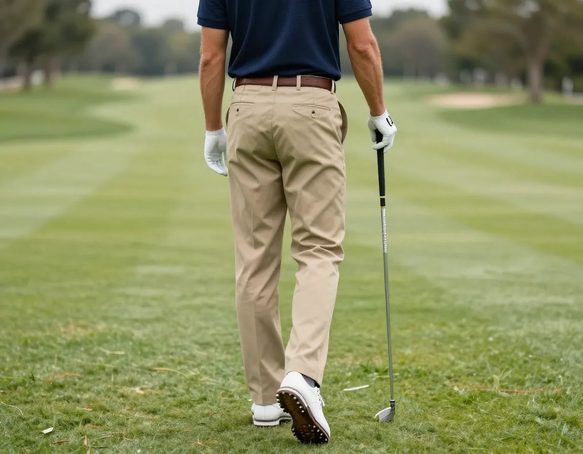 Heritage navy polo pleated khaki trousers brown belt spikes shoes tee box