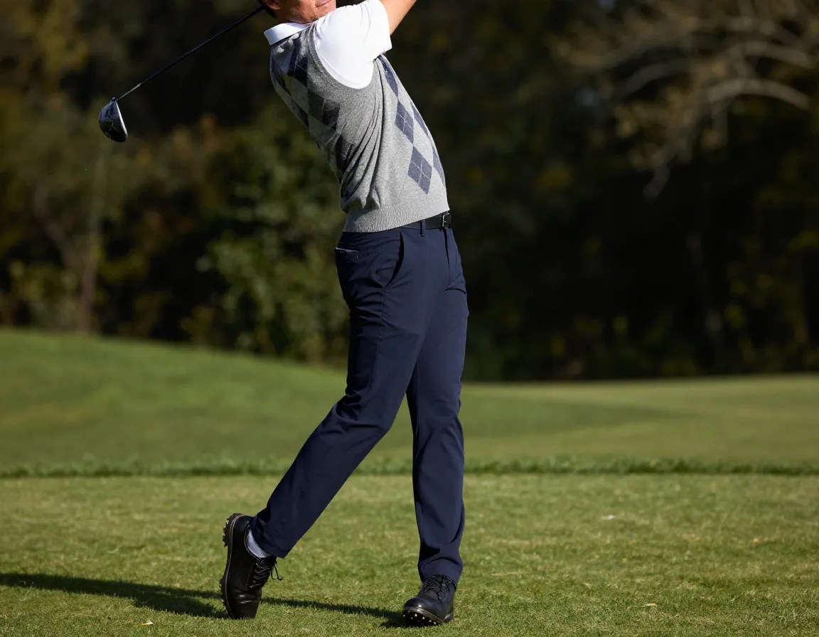 Modern gray argyle vest white polo performance stretch trousers golf swing