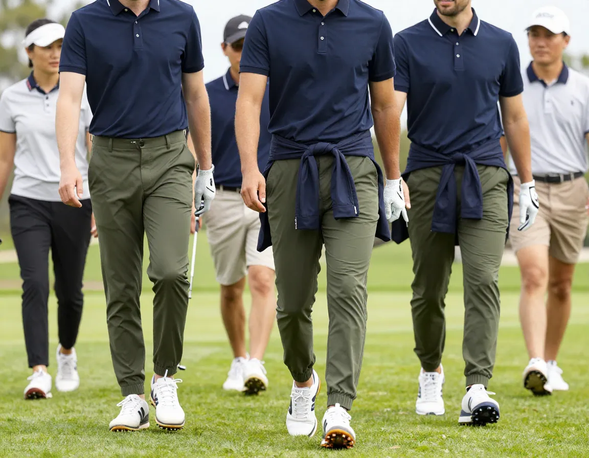 Casual olive performance joggers navy polo packable jacket municipal course