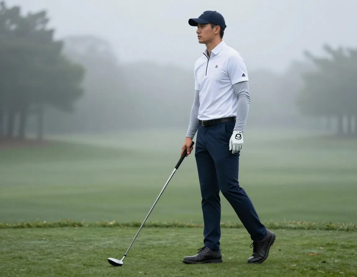 Tournament white polo navy trousers gray quarter zip early morning tee