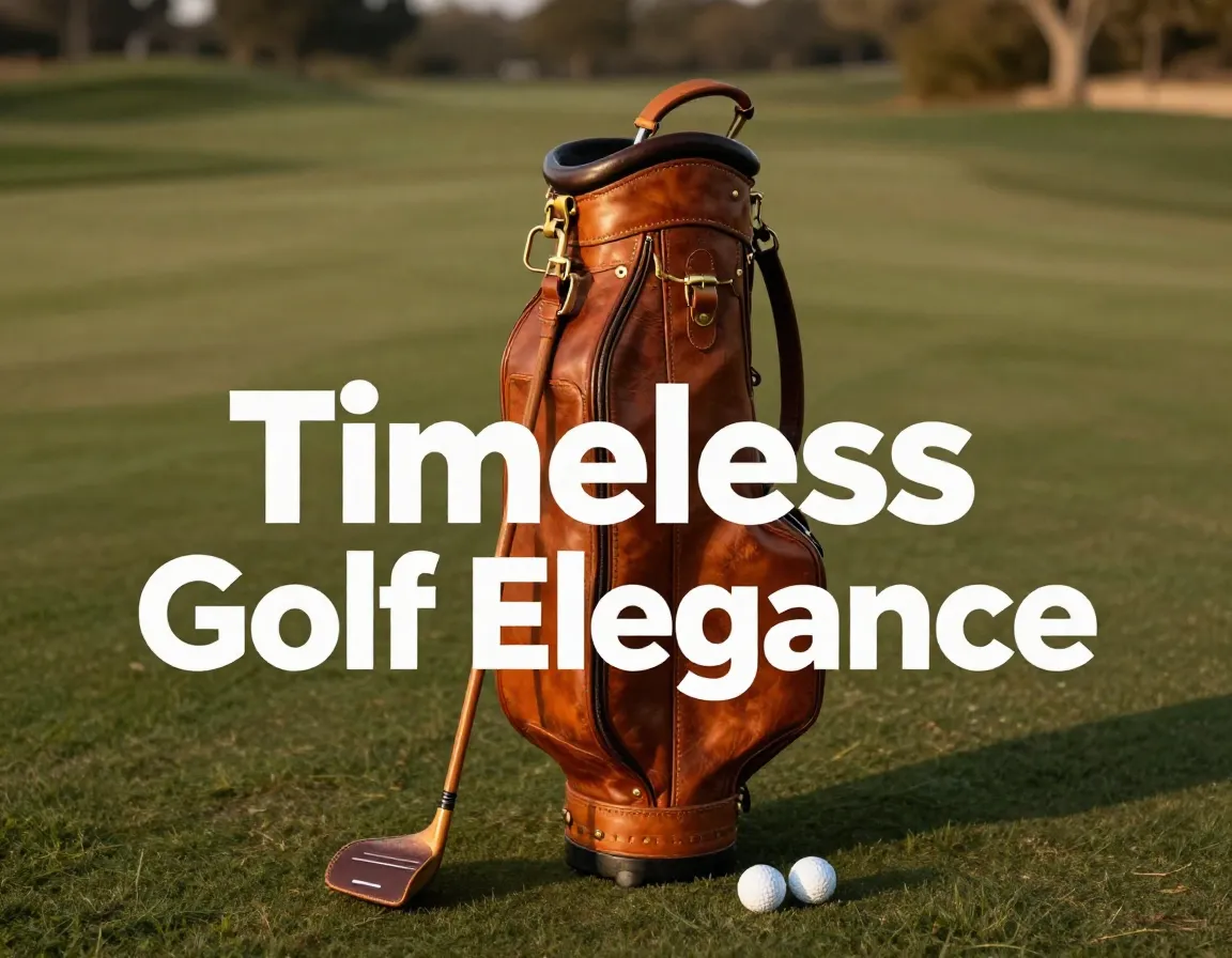 Vintage leather golf bag flat lay cognac brass patina manicured green