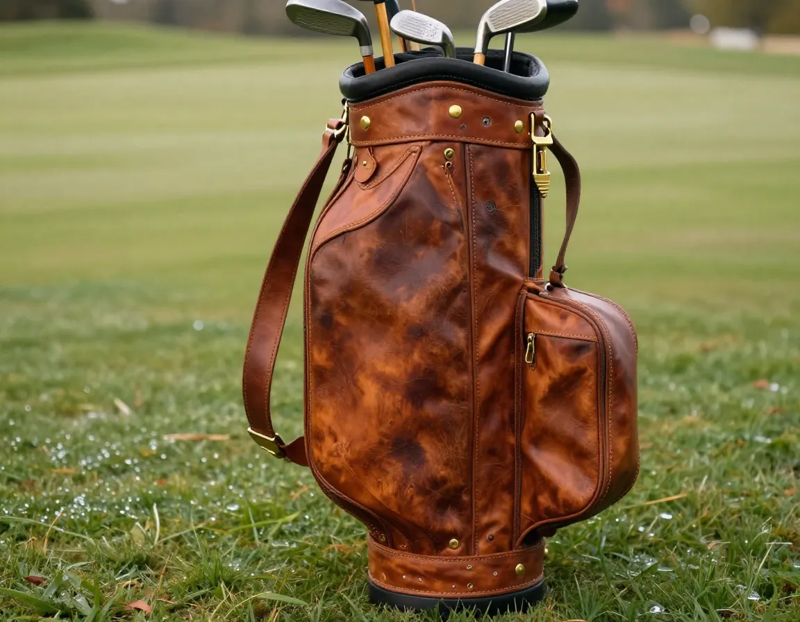 Classic leather sunday bag with brass fittings and patina