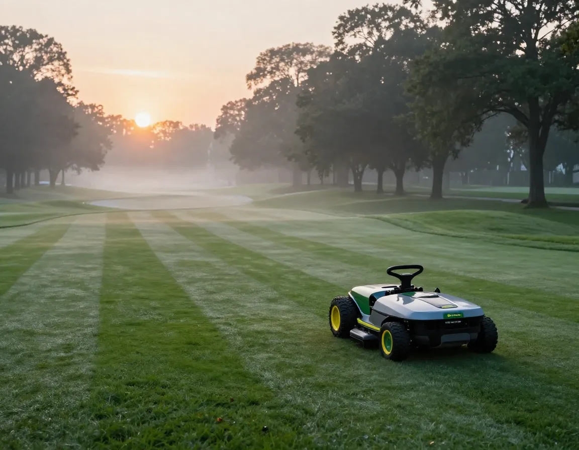 Autonomous john deere mower operating at dawn on golf course