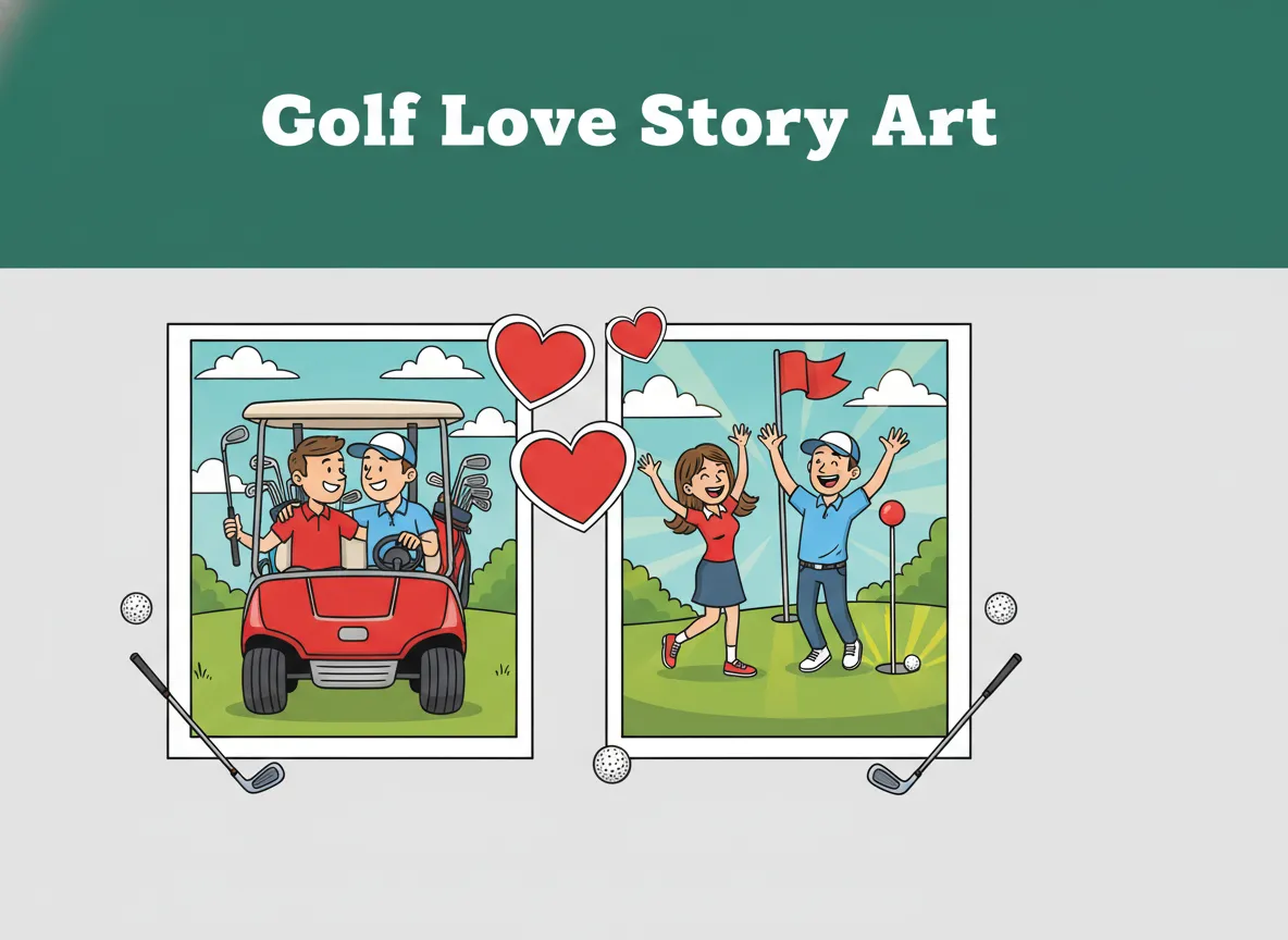 Cartoon golf couple tandem cart victory dance romantic gift art
