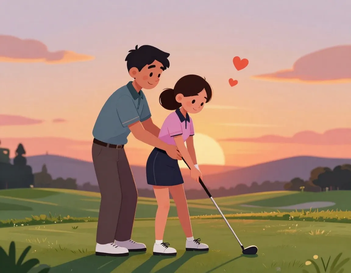 Couple golf lesson scene romantic sunset backdrop cartoon style