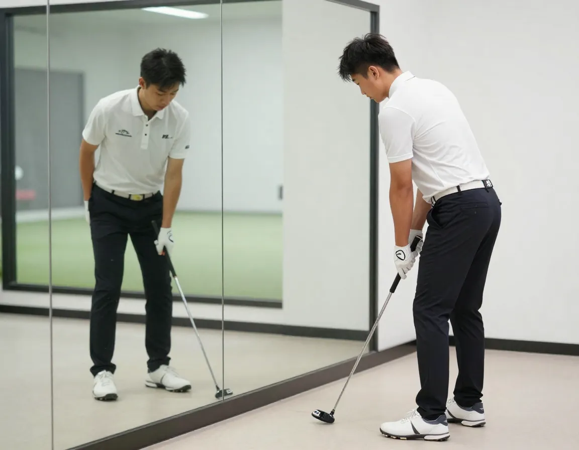 Golfer in athletic setup position without ball checking posture in mirror