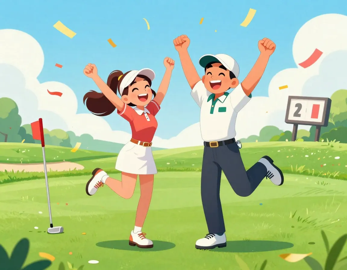 Golf couple victory dance celebration on green with confetti