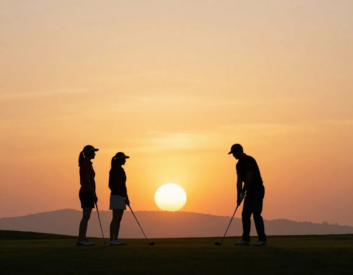Silhouetted golf couple preparing tee shot at golden sunrise