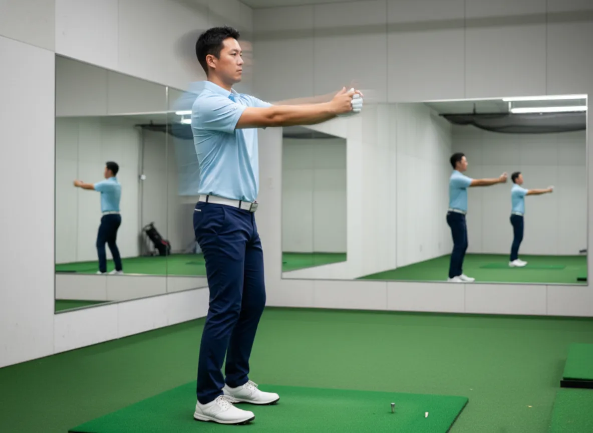 Golfer executing slow motion swing for arm body synchronization drill