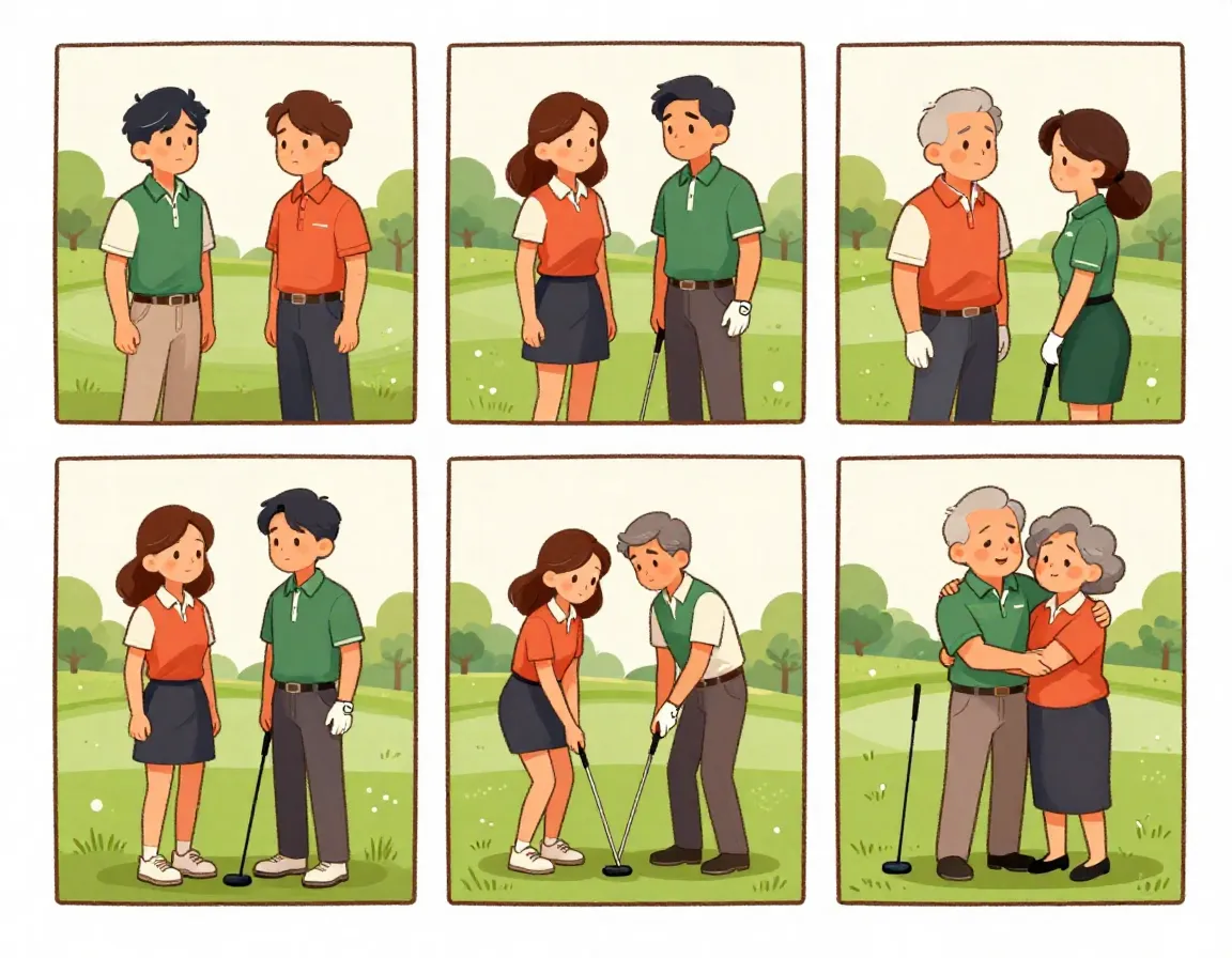 Multi panel cartoon timeline of a couples golf love story