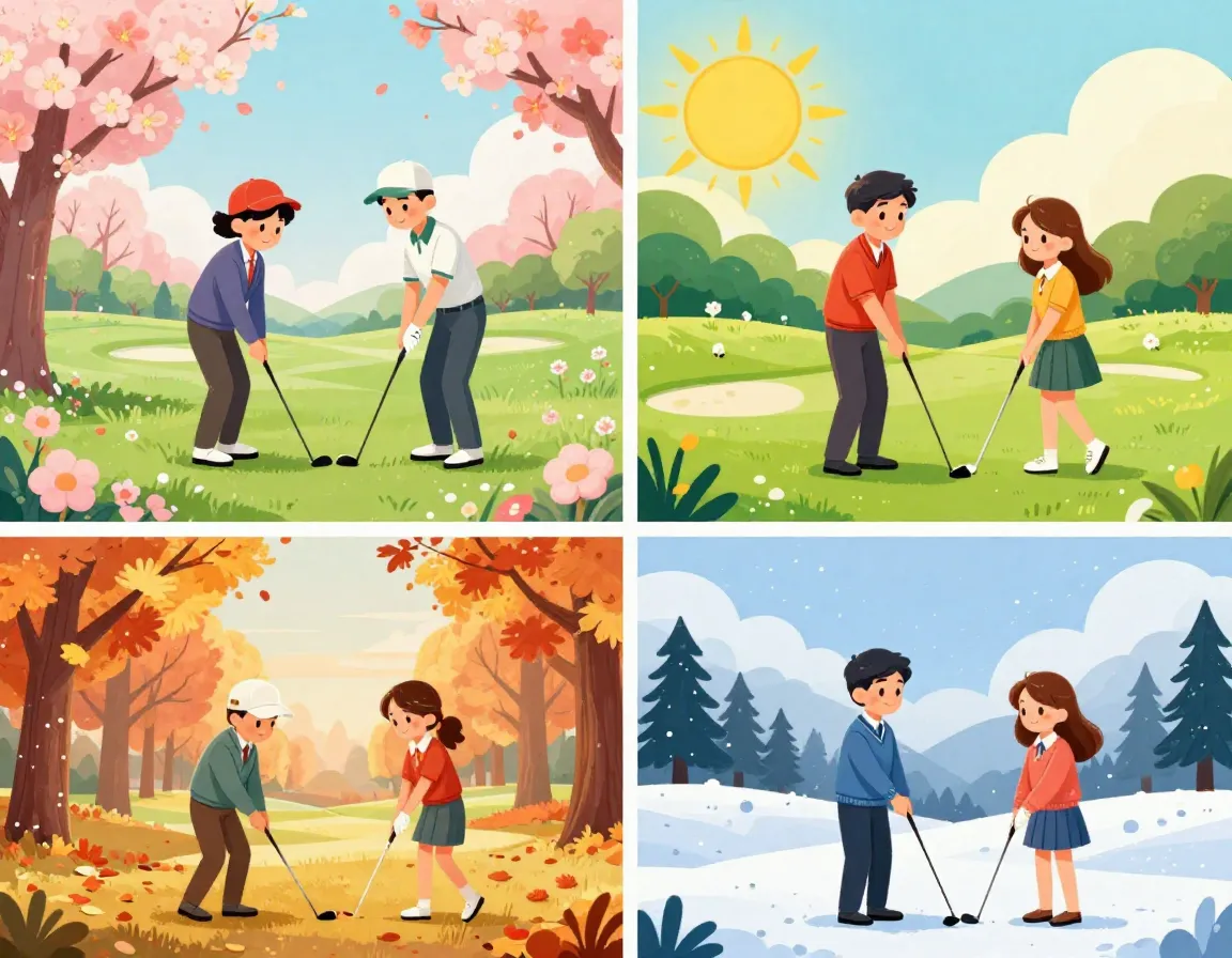 Four seasonal golf scenes with the same cartoon couple