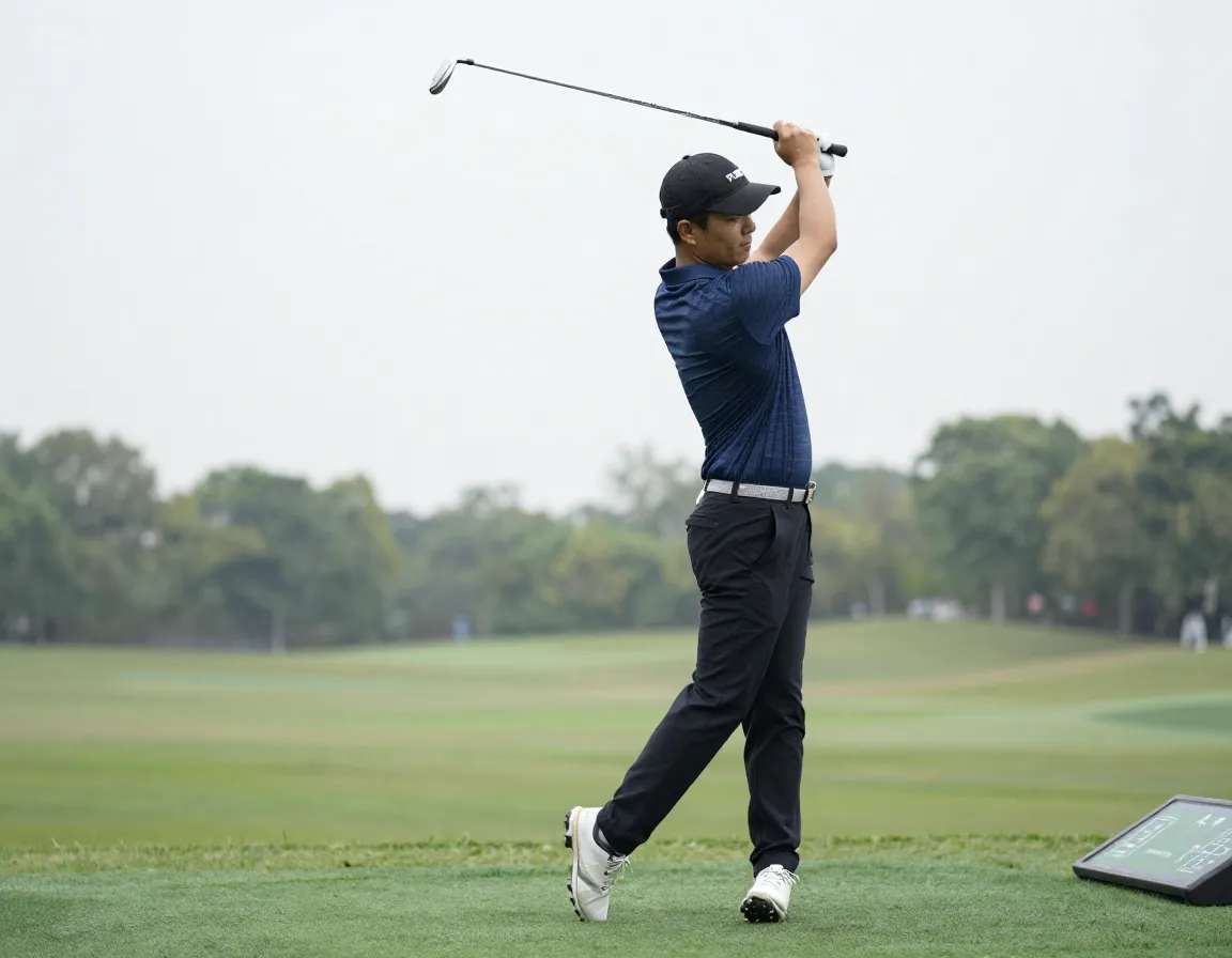 Golfer on driving range practicing counted swing tempo drill