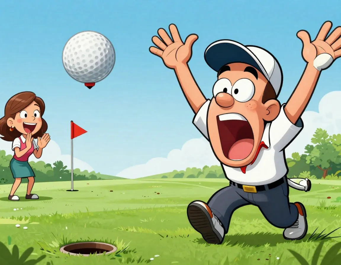 Exaggerated cartoon celebration of a golfer making hole in one