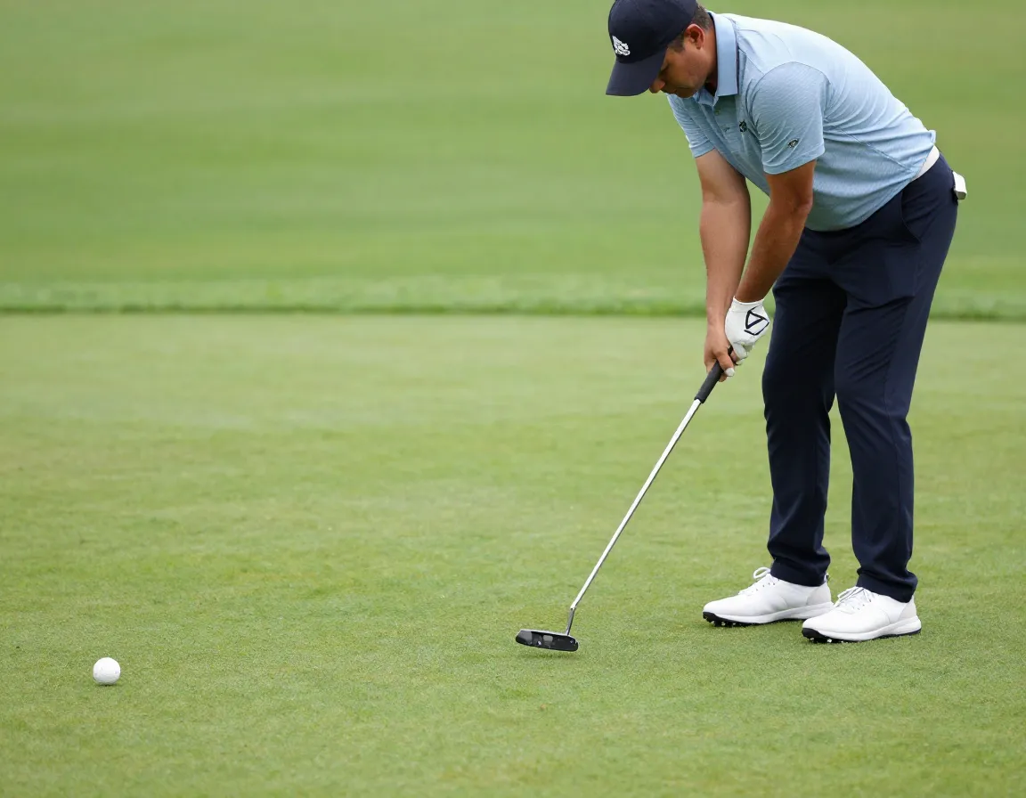 Golfer making pendulum putting stroke on practice green saying tick tock