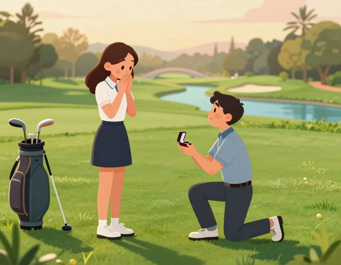 Cartoon recreation of a romantic golf course proposal scene