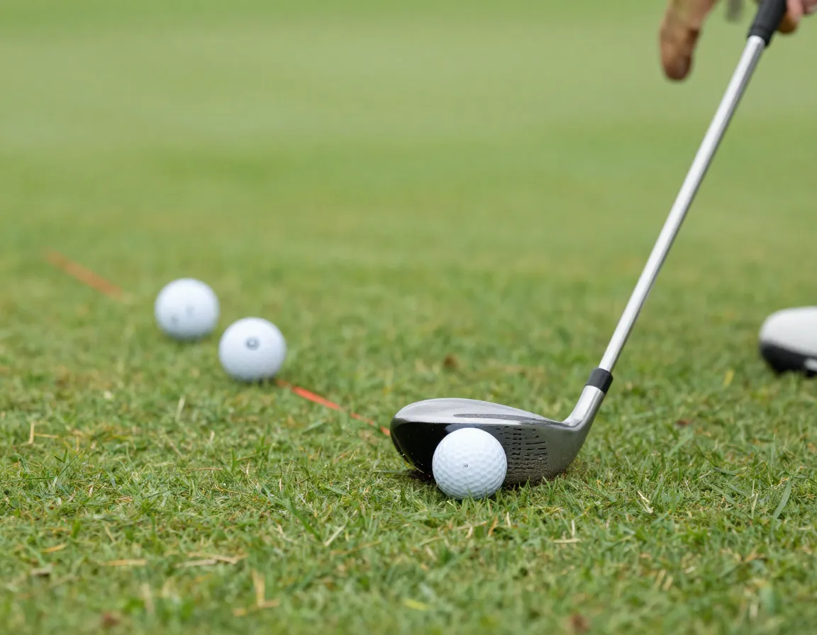 Golfer hitting front ball in contact priority drill with guide ball behind