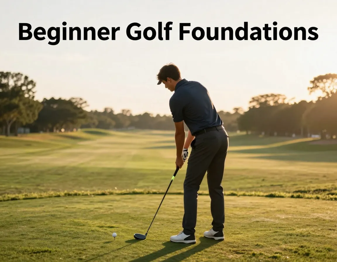 Beginner golfer golden hour driving range stance fundamentals isolated