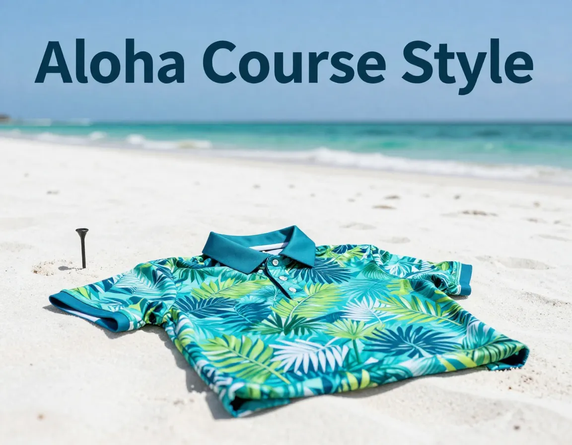 Hawaiian golf polo on beach sand next to tee ocean background