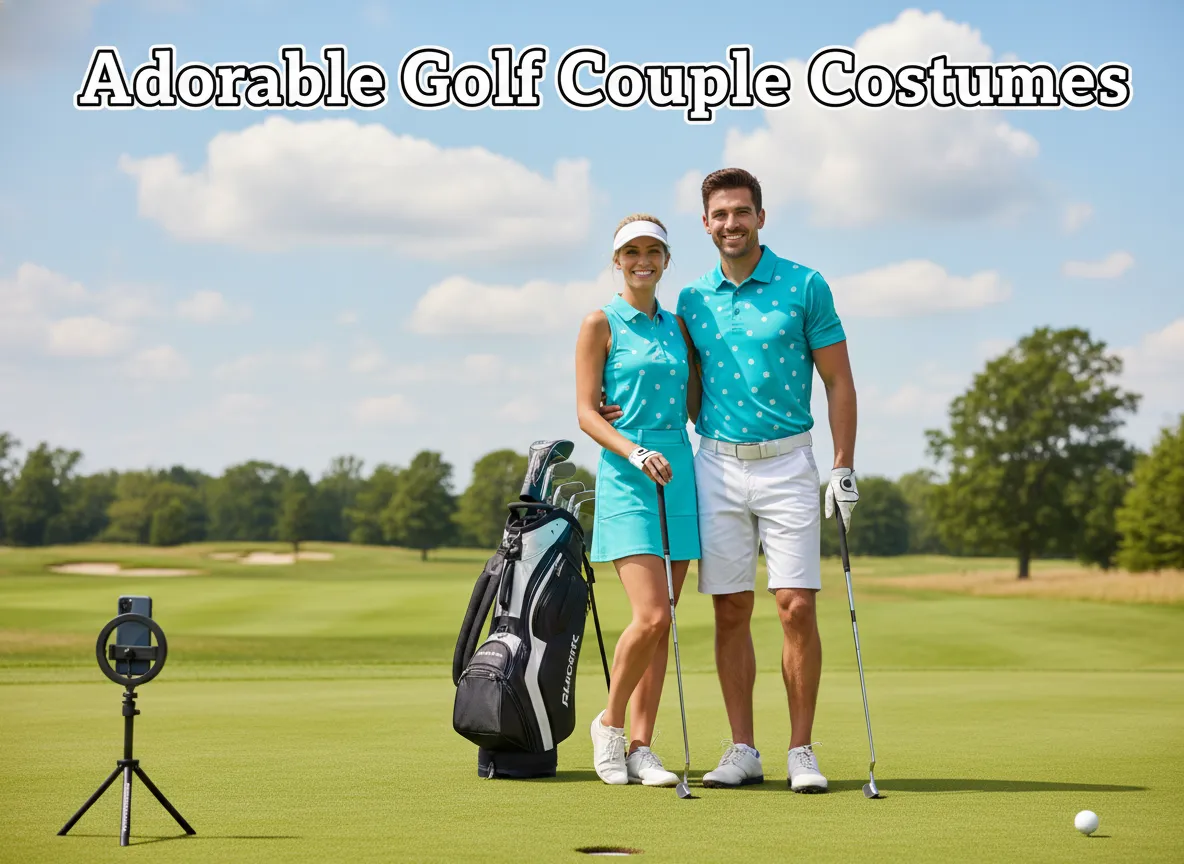 Modern golf influencer couple smiling on putting green with gear