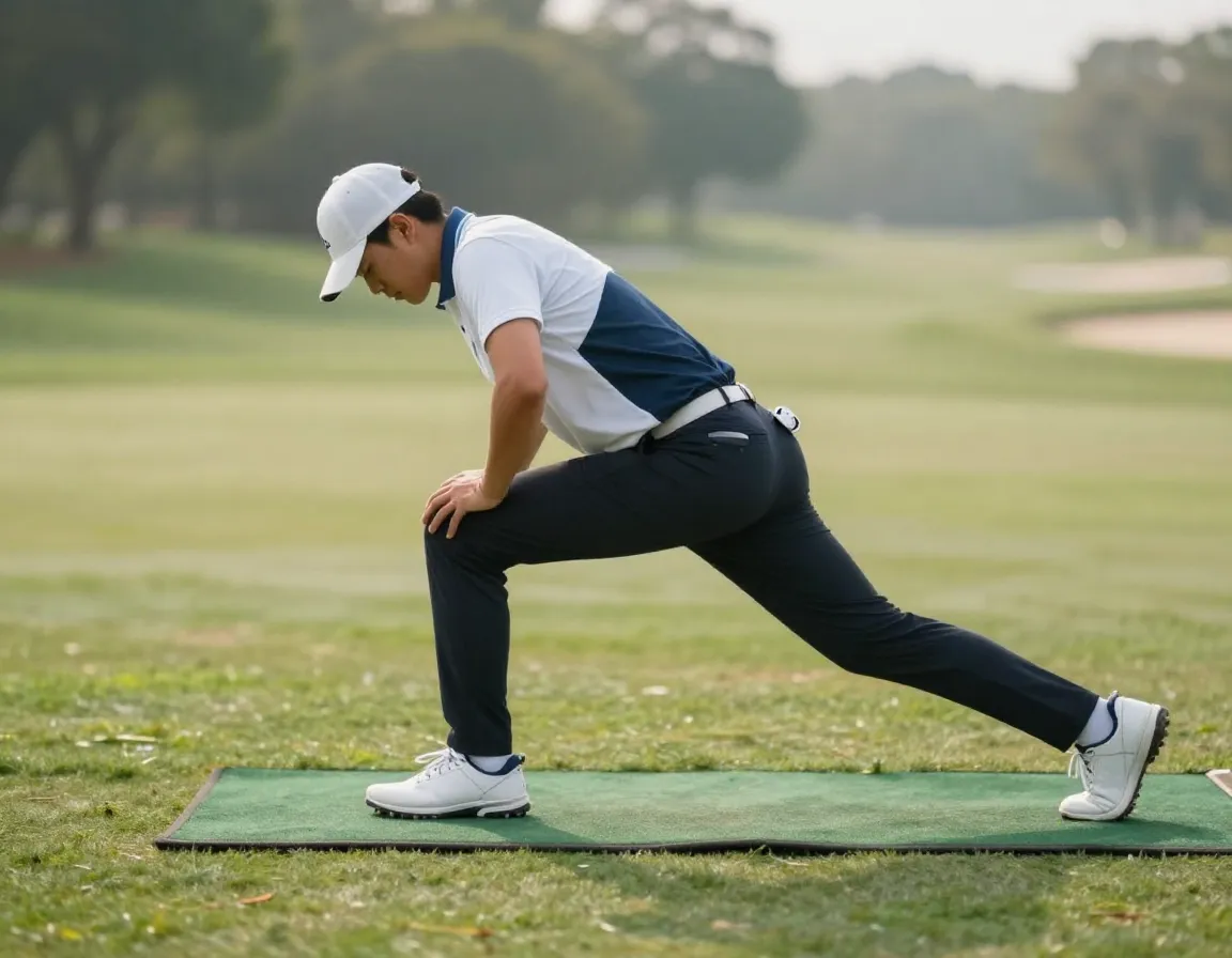 Golfer performing hip flexor stretch with rotation in lunge position
