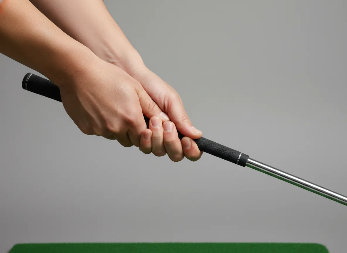 Neutral golf grip setup with hands on club showing knuckles