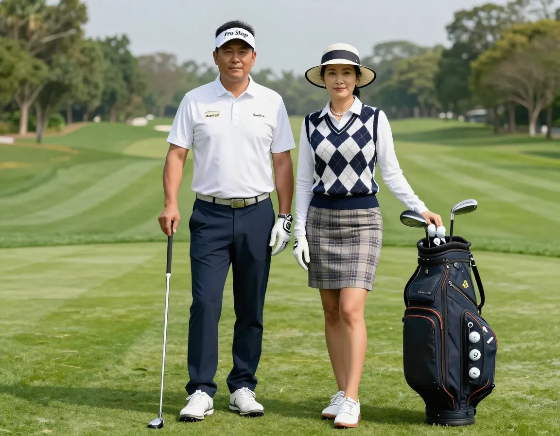 Traditional golf pro and country club member pairing on green