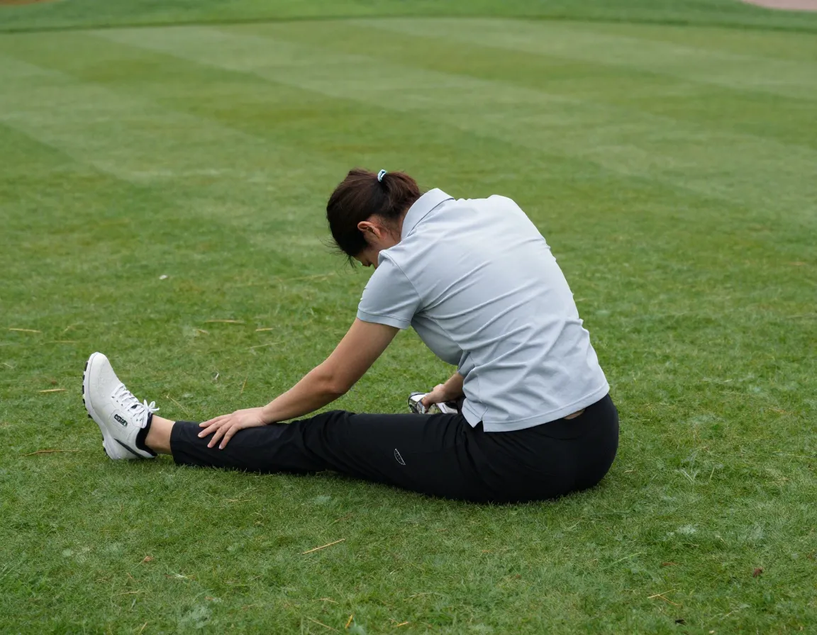 Person executing seated spinal twist stretch on golf course grass