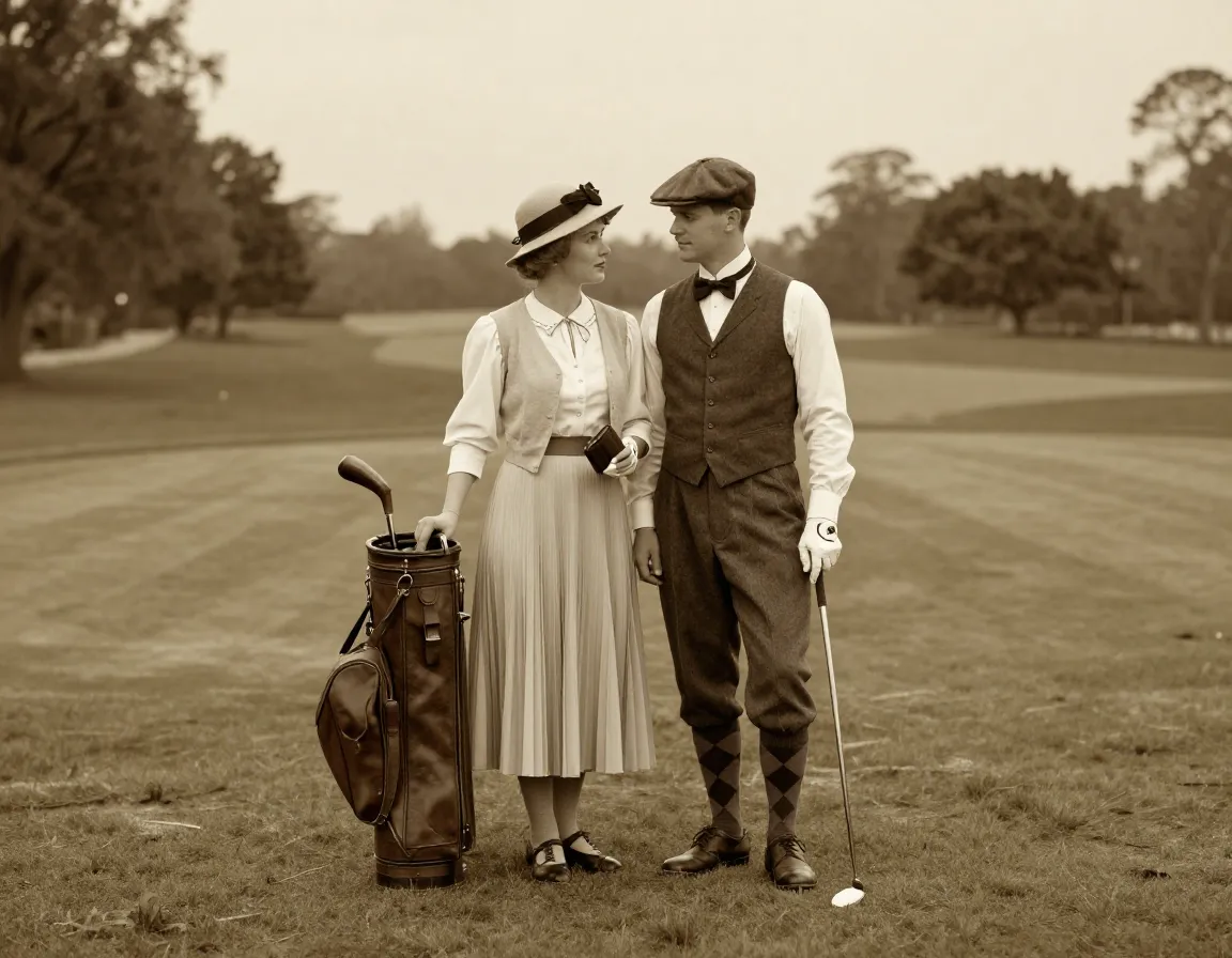 Vintage 1920s golf couple on historic course