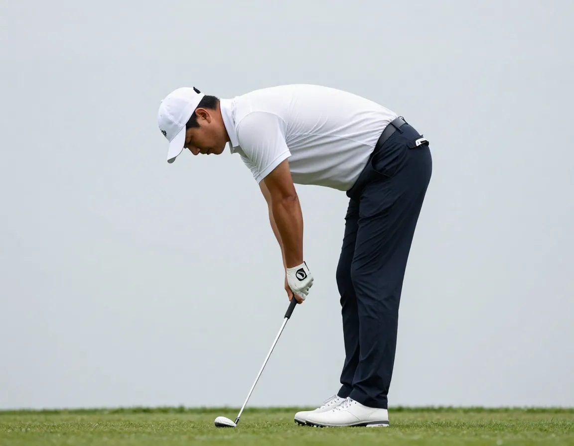 Proper golf posture bent from hips with chest up and arms hanging