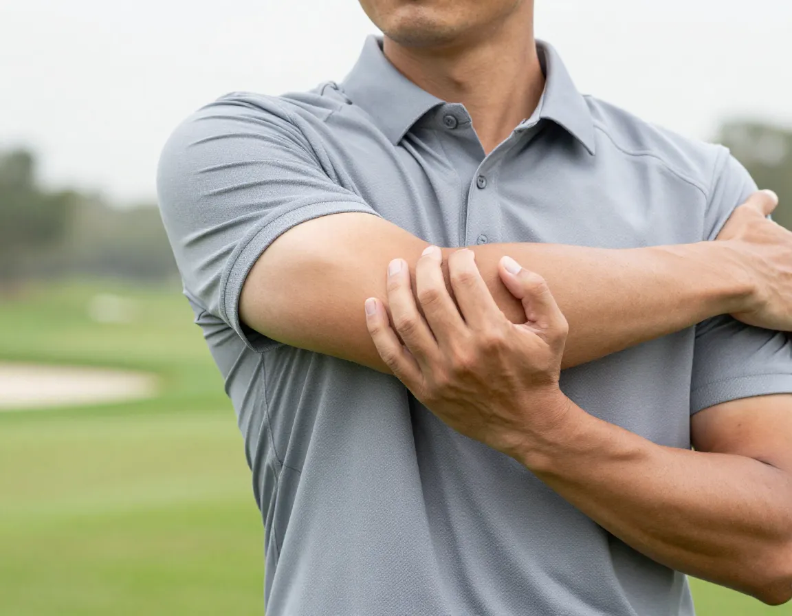 Cross body shoulder stretch performed by a golfer on the course
