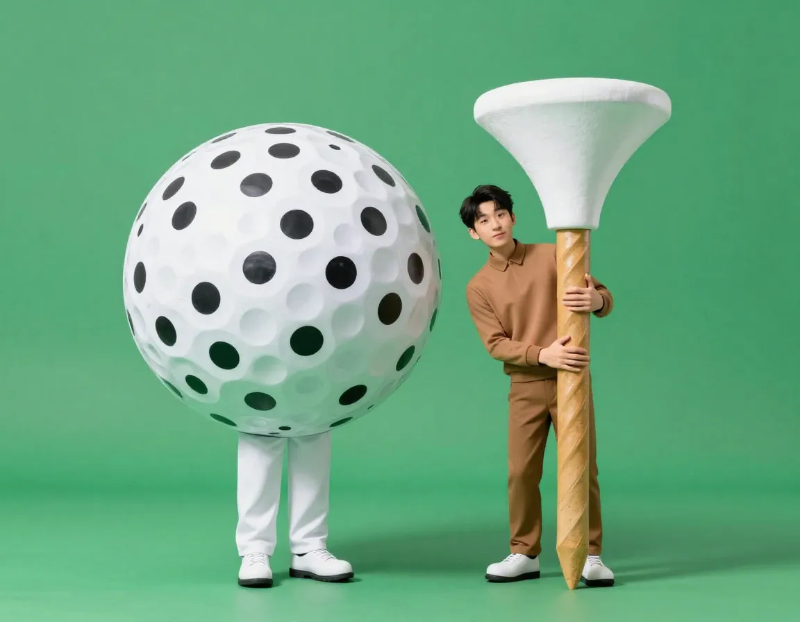 Whimsical human sized golf ball and golf tee