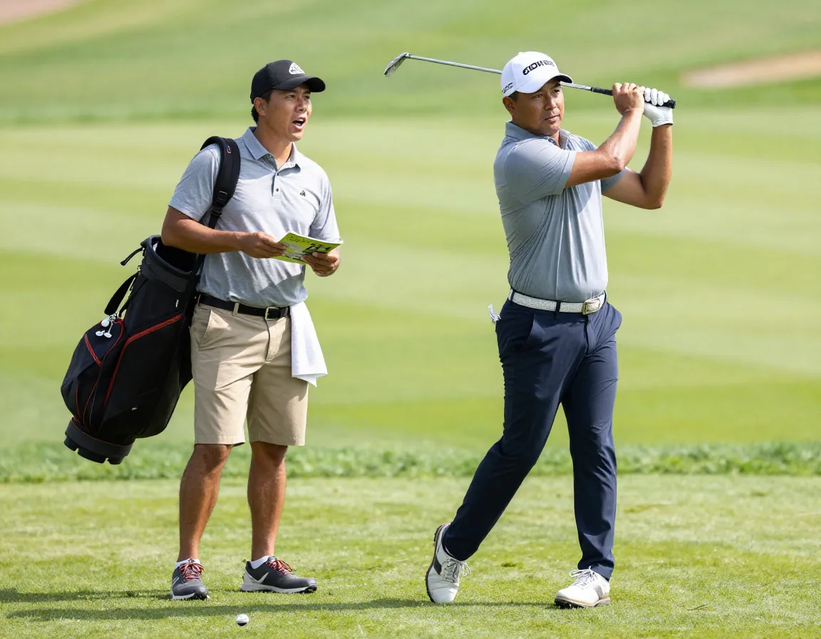 Golf professional and enthusiastic caddie duo